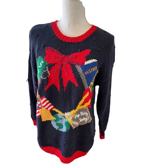 Vintage Teacher Hand Knit Festive Holiday Sweater M - Picture 1 of 9